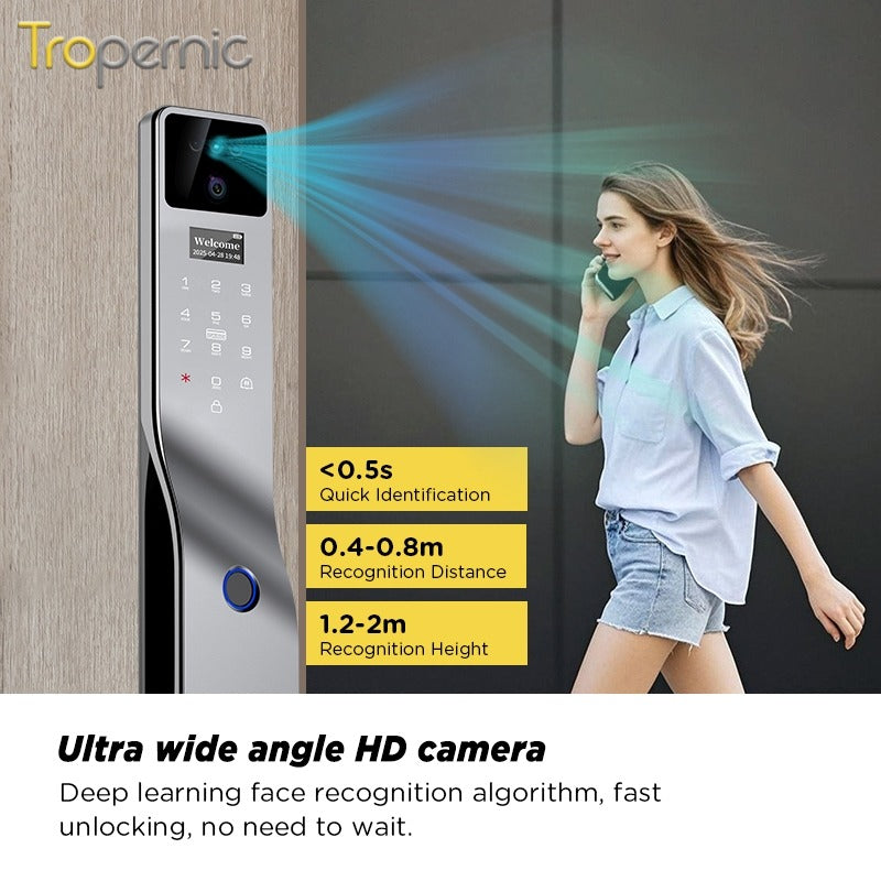 Tropernic F7 7 In 1 Tuya Fully Automatic Smart Door Lock with HD Camera Palm Unlock Video Surveillance 6068 Security Door Lock APP Remote Unlock Keyless Digital Lock Support Two Way Intercom