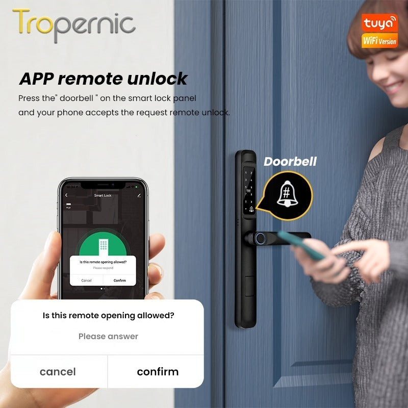 Tropernic A6 5 In 1 Tuya Smart Door Lock with Doorbell Function Waterproof Fingerprint Sliding Door Lock Zinc Alloy Electronic Lock Digital Password Lock For Aluminum Door