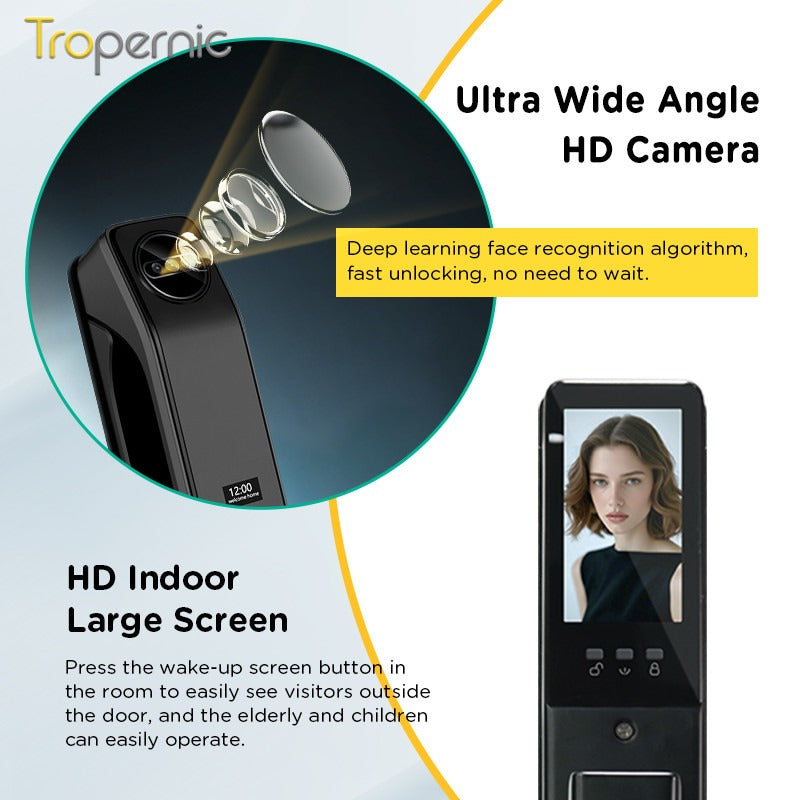 Tropernic Z37 7 In 1 Tuya Smart Door Lock with HD Camera Video Surveillance APP Remote Unlock Fully Automatic Security Door Digital Lock Face Palm Print Unlock Kunci Pintu Rumah
