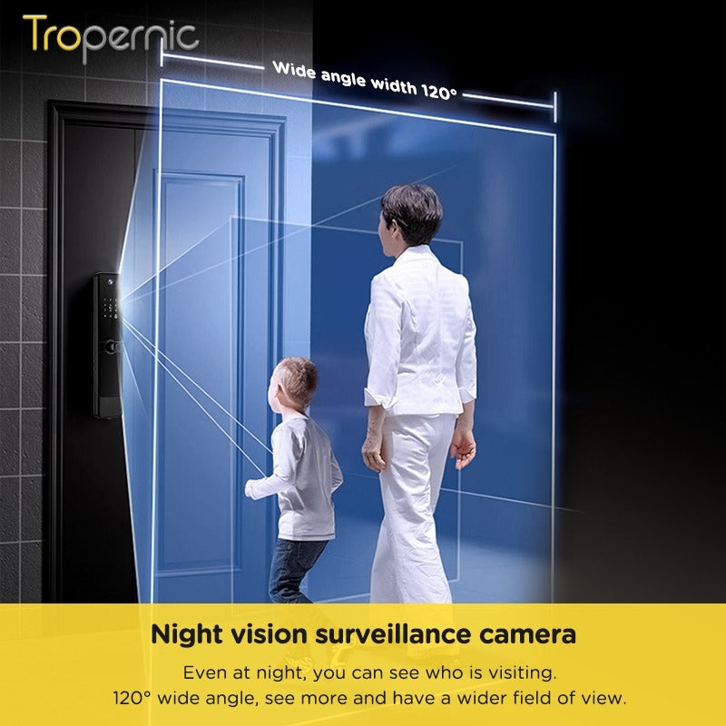 Tropernic YF1 Tuya WiFi Smart Door Lock With Security Camera HD Display Screen Fingerprint Digital Lock with Doorbell Function  Password Electronic Lock with Anti Theft Knob