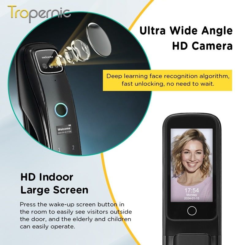 Tropernic N18 7 In 1 Tuya Smart Door Lock with HD Security Camera Video Surveillance Fully Automatic Safety Door Digital Lock with Intercom Function