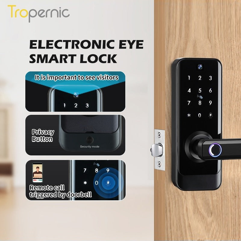Tropernic A233MY Tuya WiFi Smart Door Lock with Security Camera Two Way Intercom Tempered Glass 5 In 1 Fingerprint Password Digital Door Kock Knob with Doorbell for Wooden Door