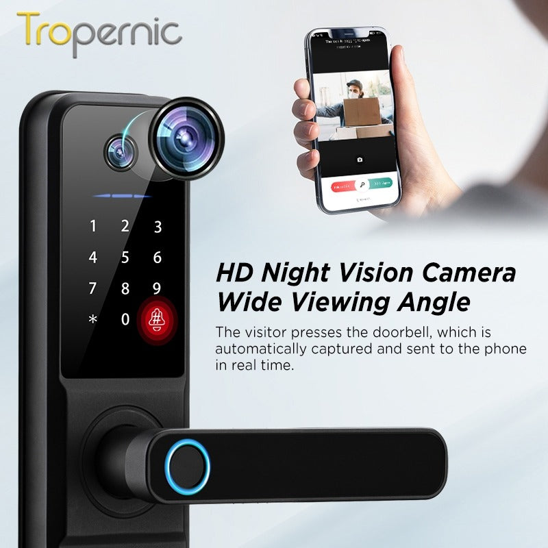 Tropernic H01PRO Tuya Smart Lock With Security Camera App Remote Unlock 5 In 1 Digital Lock With Doorbell For Home Fingerprint Password IC Card Key Unlock