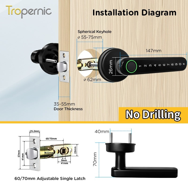 Tropernic C6 TTLOCK 5 In 1  Digital Door Lock APP Remote Unlock Anti Theft Fingerprint Handle Password Smart Lock 60/70MM Single Latch For Bedroom Home Hotel