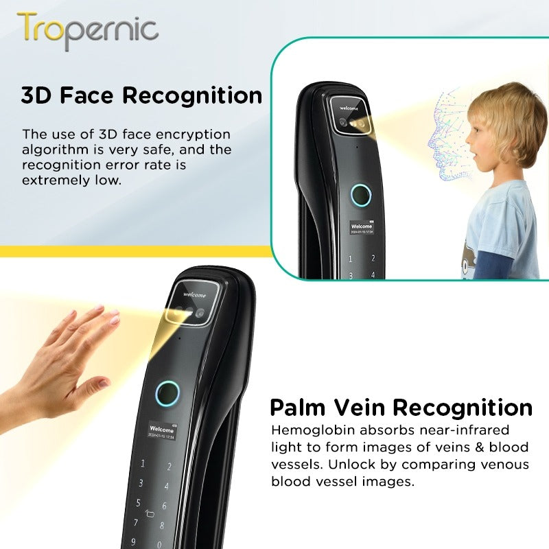 Tropernic N18 7 In 1 Tuya Smart Door Lock with HD Security Camera Video Surveillance Fully Automatic Safety Door Digital Lock with Intercom Function