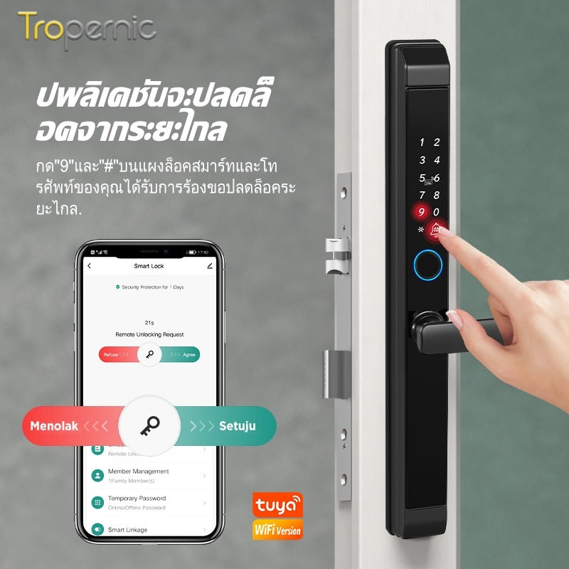Tropernic D01 Tuya 5 in 1 Digital Door Lock with Doorbell App Remote Unlock Fingerprint Smart Door Lock for Sliding Door