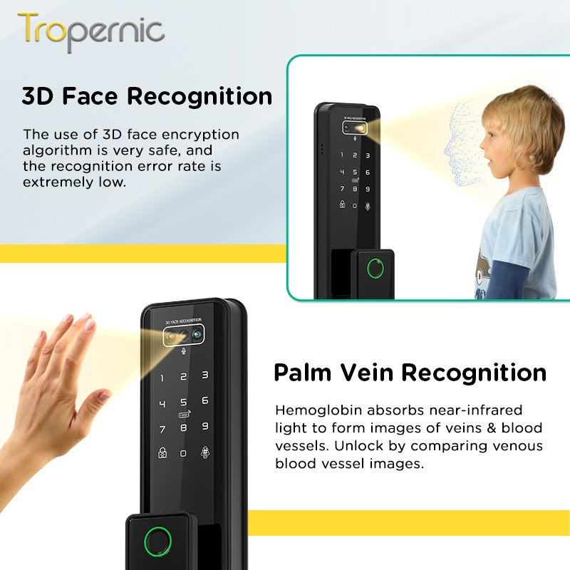 Tropernic G2-ULTRA Tuya Smart Door Lock with Video Surveillance 3D Face Palmprint Unlock Fully Automatic Digital Door Lock APP User Management Remote Unlock Fingerprint Tombol Pintu Rumah for Wooden Door