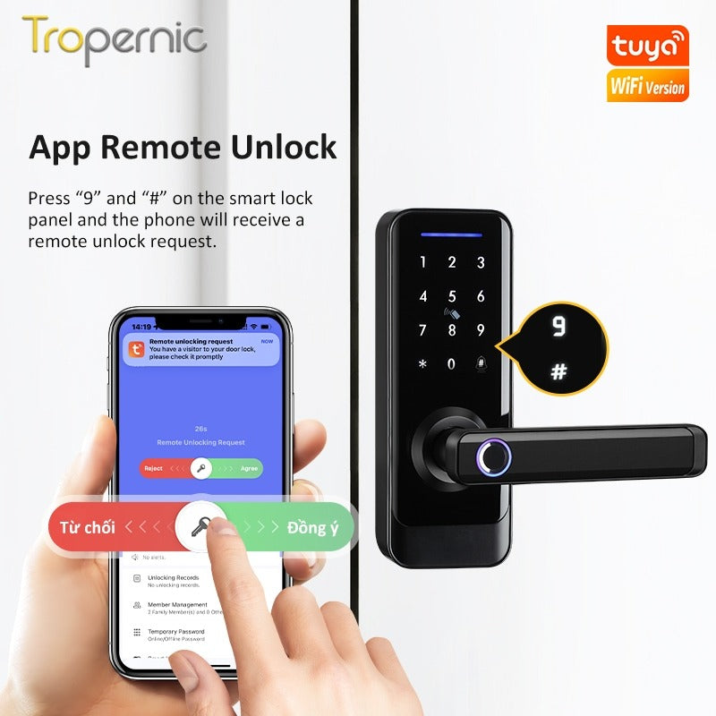 Tropernic A233 5 in 1 Tuya WiFi Smart Door Lock with Doorbell Tempered Glass Panel APP Remote Unlock Fingerprint Digital Lock Password Electronic Lock with Anti Lock Button for Wooden Door