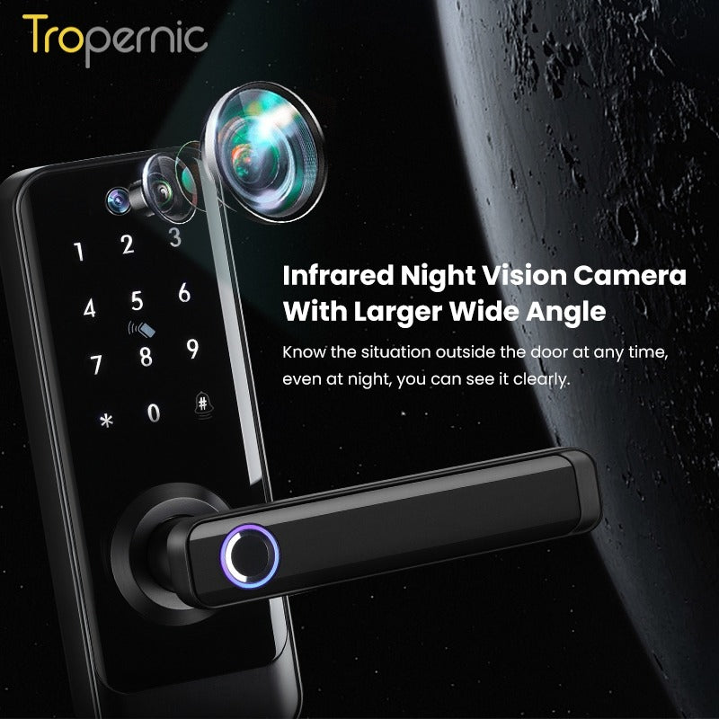 Tropernic A233MY Tuya WiFi Smart Door Lock with Security Camera Two Way Intercom Tempered Glass 5 In 1 Fingerprint Password Digital Door Kock Knob with Doorbell for Wooden Door