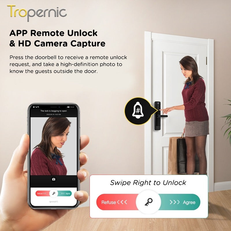 Tropernic YF1 Tuya WiFi Smart Door Lock With Security Camera HD Display Screen Fingerprint Digital Lock with Doorbell Function  Password Electronic Lock with Anti Theft Knob