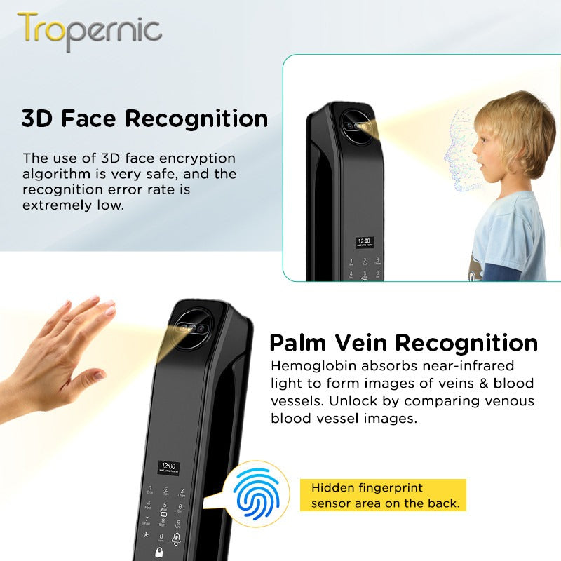 Tropernic Z37 7 In 1 Tuya Smart Door Lock with HD Camera Video Surveillance APP Remote Unlock Fully Automatic Security Door Digital Lock Face Palm Print Unlock Kunci Pintu Rumah