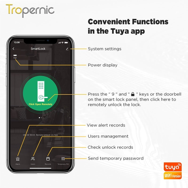 Tropernic T1 Tuya Smart Door Lock WiFi Remote Unlock Digital Password IC Card Biometric Fingerprint Unlock Fully Automatic Electric Deadbolt