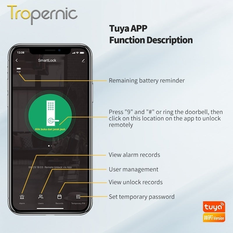 Tropernic A6 5 In 1 Tuya Smart Door Lock with Doorbell Function Waterproof Fingerprint Sliding Door Lock Zinc Alloy Electronic Lock Digital Password Lock For Aluminum Door