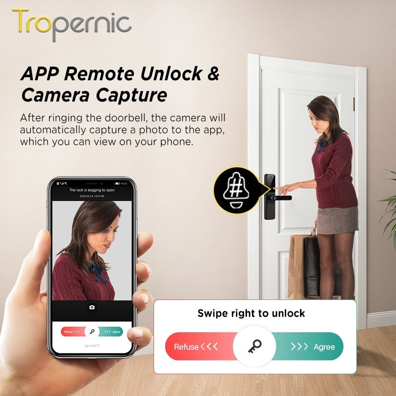 Tropernic H01PRO Tuya Smart Lock With Security Camera App Remote Unlock 5 In 1 Digital Lock With Doorbell For Home Fingerprint Password IC Card Key Unlock
