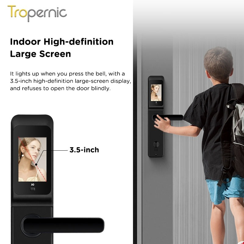 Tropernic YF1 Tuya WiFi Smart Door Lock With Security Camera HD Display Screen Fingerprint Digital Lock with Doorbell Function  Password Electronic Lock with Anti Theft Knob