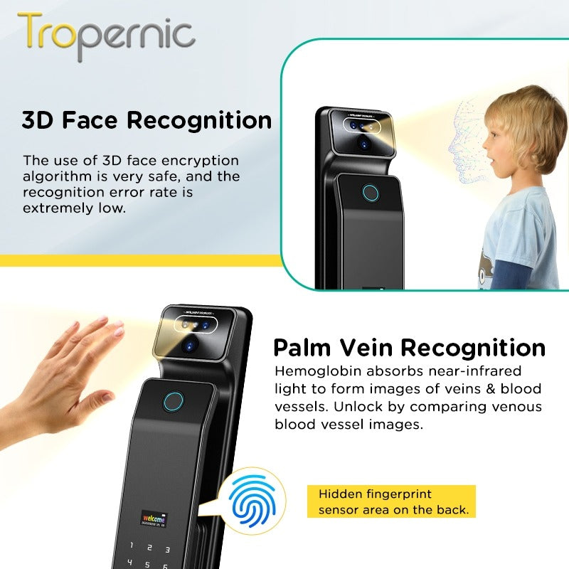 Tropernic V10 7 In 1 Tuya Smart Door Lock with Security Camera 3D Facial Recognition Fully Automatic Digital Lock Palmprint Unlock Intercom Security Door Lock