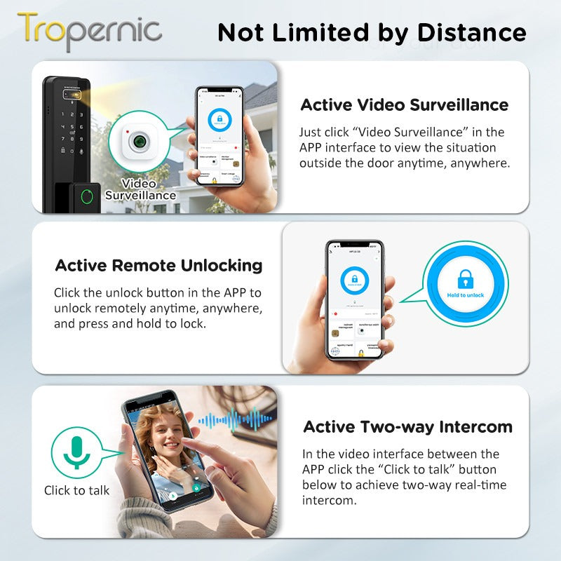 Tropernic G2-ULTRA Tuya Smart Door Lock with Video Surveillance 3D Face Palmprint Unlock Fully Automatic Digital Door Lock APP User Management Remote Unlock Fingerprint Tombol Pintu Rumah for Wooden Door
