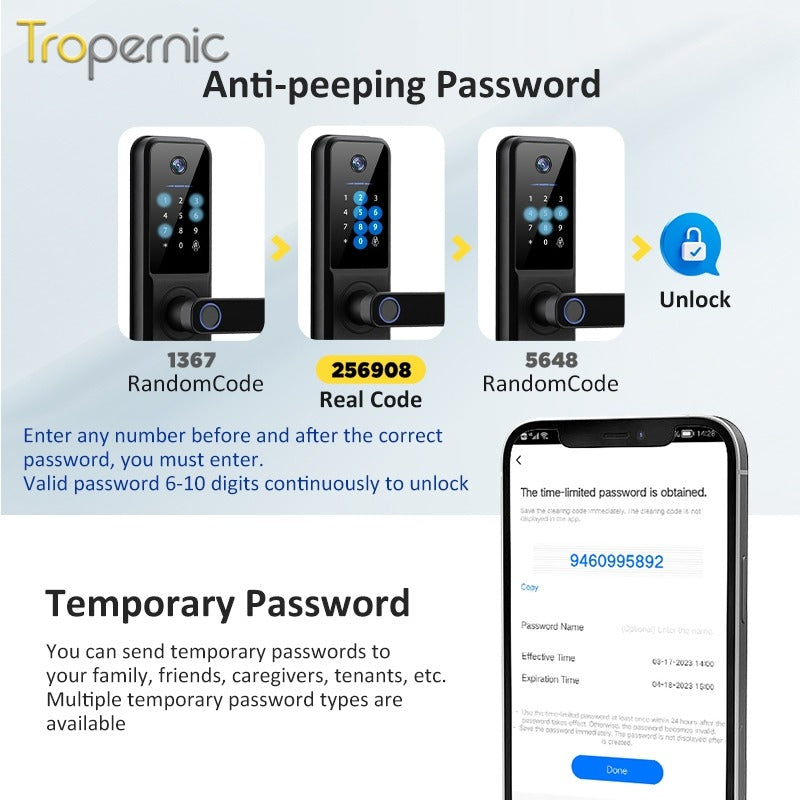 Tropernic H01PRO Tuya Smart Lock With Security Camera App Remote Unlock 5 In 1 Digital Lock With Doorbell For Home Fingerprint Password IC Card Key Unlock