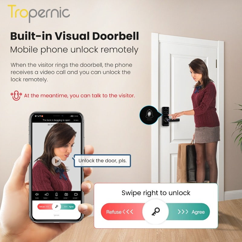 Tropernic A233MY Tuya WiFi Smart Door Lock with Security Camera Two Way Intercom Tempered Glass 5 In 1 Fingerprint Password Digital Door Kock Knob with Doorbell for Wooden Door