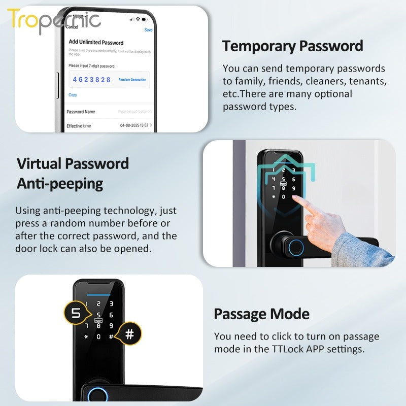 Tropernic K7 5 In 1 Tuya WiFi Smart Door Lock with Doorbell APP Remote Unlock Digital Lock Fingerprint Tombol Pintu Rumah Password Electronic Lock for Home Wooden Door