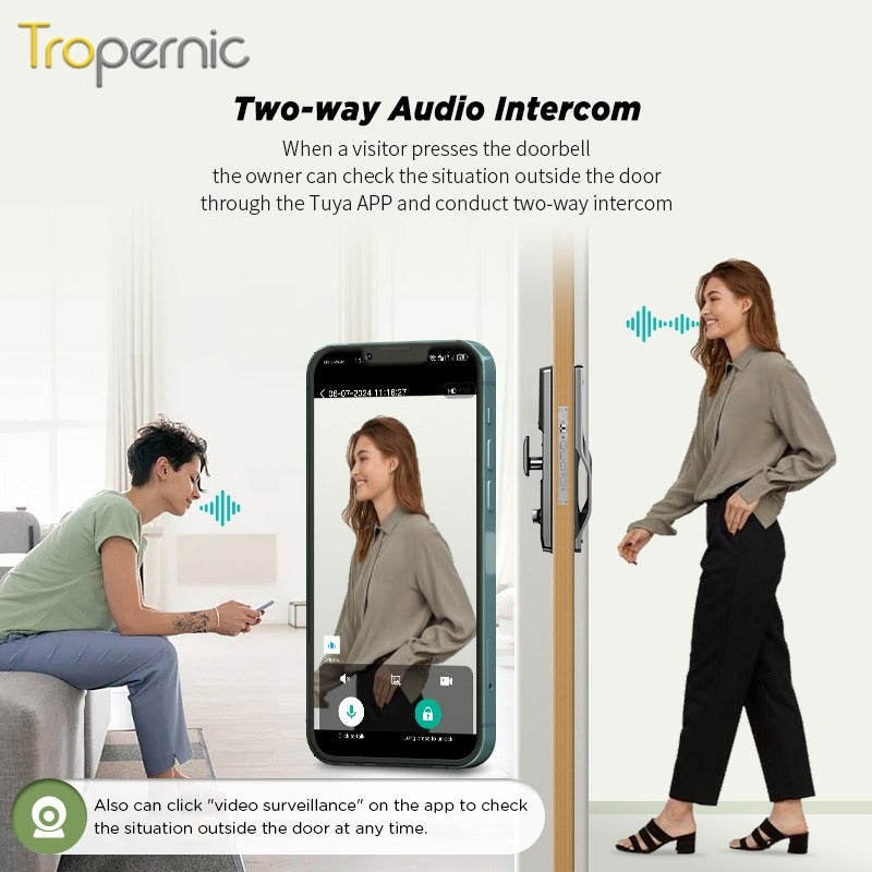 Tropernic F7 7 In 1 Tuya Fully Automatic Smart Door Lock with HD Camera Palm Unlock Video Surveillance 6068 Security Door Lock APP Remote Unlock Keyless Digital Lock Support Two Way Intercom