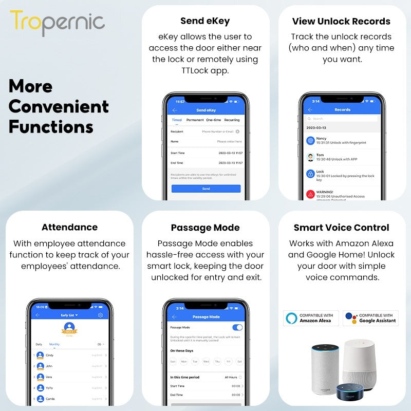 Tropernic A6 TTLOCK Smart Door Lock with Doorbell APP Remote Unlock Waterproof Sliding Door Lock Fingerprint Digital Lock Google Home Amazon Alexa