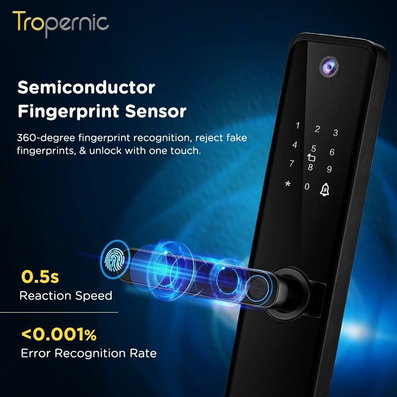 Tropernic YF1 Tuya WiFi Smart Door Lock With Security Camera HD Display Screen Fingerprint Digital Lock with Doorbell Function  Password Electronic Lock with Anti Theft Knob