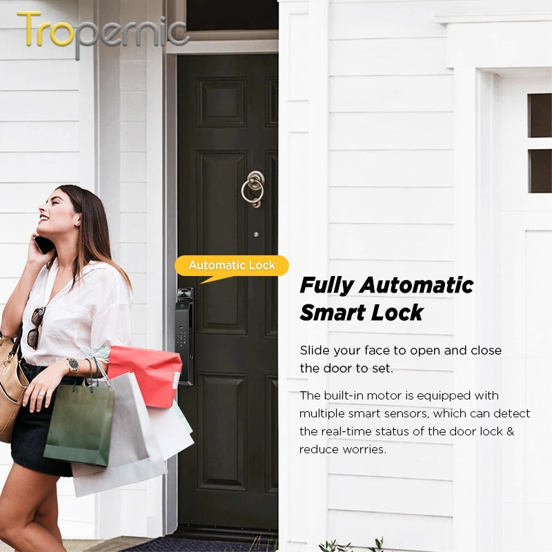 Tropernic V10 7 In 1 Tuya Smart Door Lock with Security Camera 3D Facial Recognition Fully Automatic Digital Lock Palmprint Unlock Intercom Security Door Lock