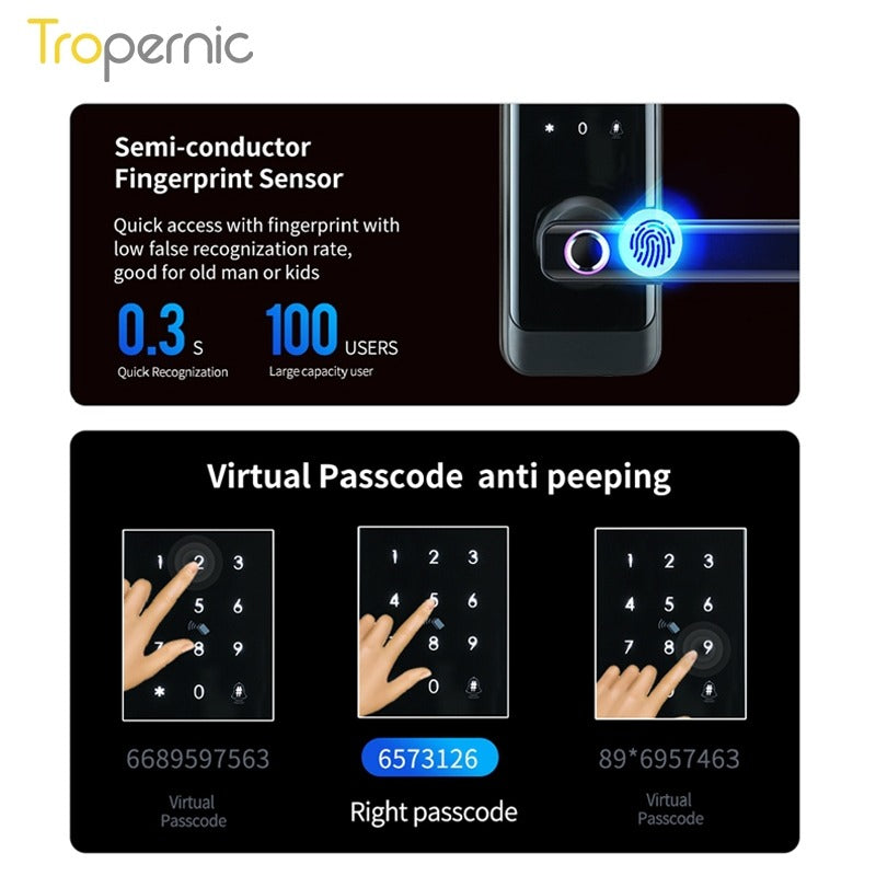 Tropernic A233MY Tuya WiFi Smart Door Lock with Security Camera Two Way Intercom Tempered Glass 5 In 1 Fingerprint Password Digital Door Kock Knob with Doorbell for Wooden Door