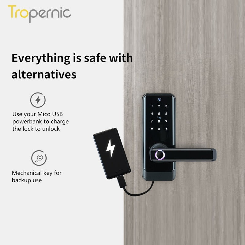 Tropernic A233MY Tuya WiFi Smart Door Lock with Security Camera Two Way Intercom Tempered Glass 5 In 1 Fingerprint Password Digital Door Kock Knob with Doorbell for Wooden Door