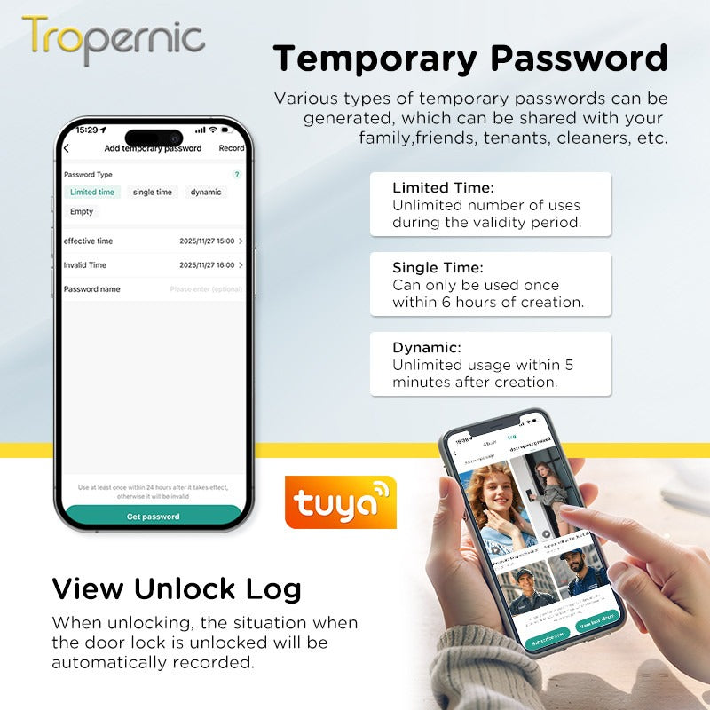 Tropernic G2-ULTRA Tuya Smart Door Lock with Video Surveillance 3D Face Palmprint Unlock Fully Automatic Digital Door Lock APP User Management Remote Unlock Fingerprint Tombol Pintu Rumah for Wooden Door