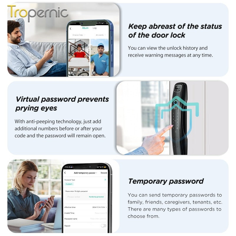 Tropernic N18 7 In 1 Tuya Smart Door Lock with HD Security Camera Video Surveillance Fully Automatic Safety Door Digital Lock with Intercom Function