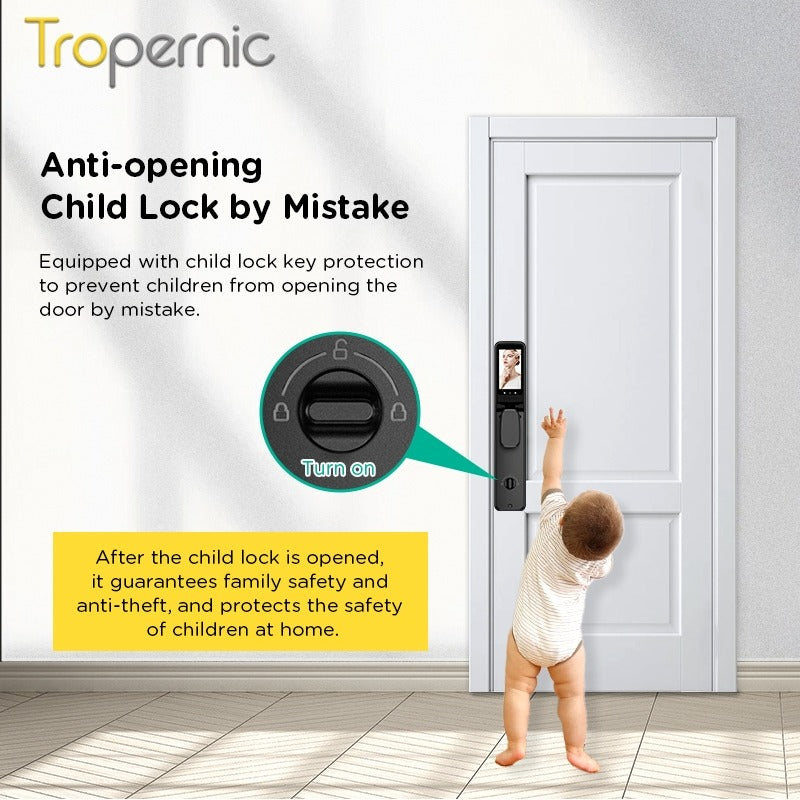 Tropernic V10 7 In 1 Tuya Smart Door Lock with Security Camera 3D Facial Recognition Fully Automatic Digital Lock Palmprint Unlock Intercom Security Door Lock