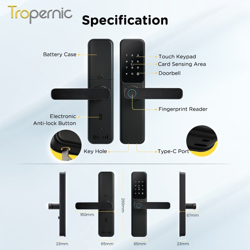 Tropernic DG01 TTLOCK Smart Door Lock with Doorbell APP Management Fingerprint Tombol Pintu Rumah Anti Theft Password Digital Lock Door Knob for Home Wooden Door
