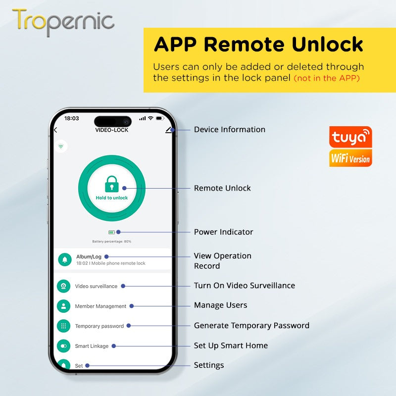 Tropernic Z37 7 In 1 Tuya Smart Door Lock with HD Camera Video Surveillance APP Remote Unlock Fully Automatic Security Door Digital Lock Face Palm Print Unlock Kunci Pintu Rumah