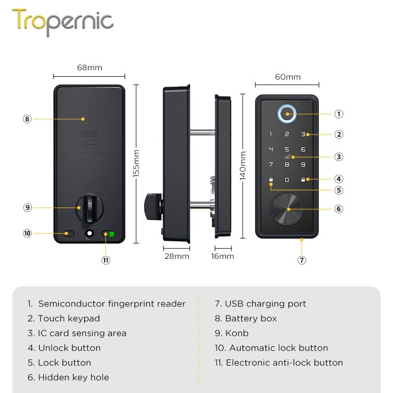 Tropernic T1 Tuya Smart Door Lock WiFi Remote Unlock Digital Password IC Card Biometric Fingerprint Unlock Fully Automatic Electric Deadbolt