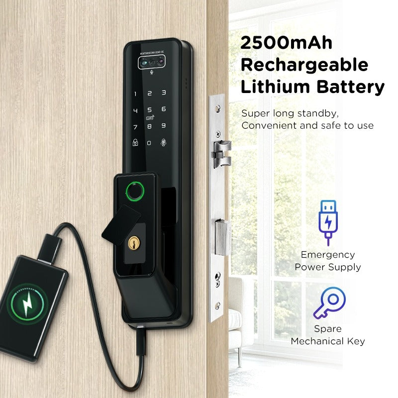 Tropernic G2-ULTRA Tuya Smart Door Lock with Video Surveillance 3D Face Palmprint Unlock Fully Automatic Digital Door Lock APP User Management Remote Unlock Fingerprint Tombol Pintu Rumah for Wooden Door