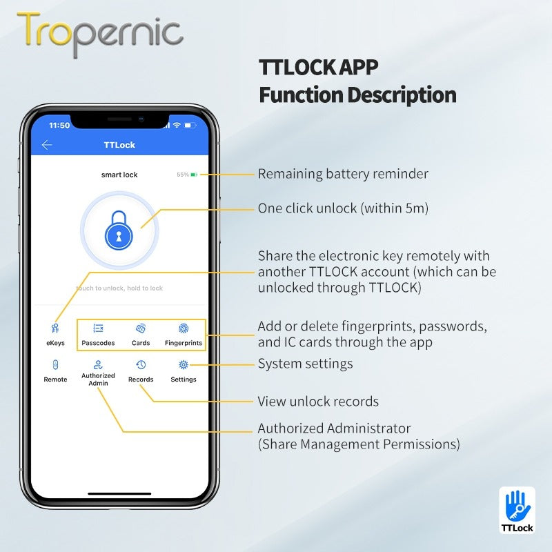 Tropernic A6 TTLOCK Smart Door Lock with Doorbell APP Remote Unlock Waterproof Sliding Door Lock Fingerprint Digital Lock Google Home Amazon Alexa