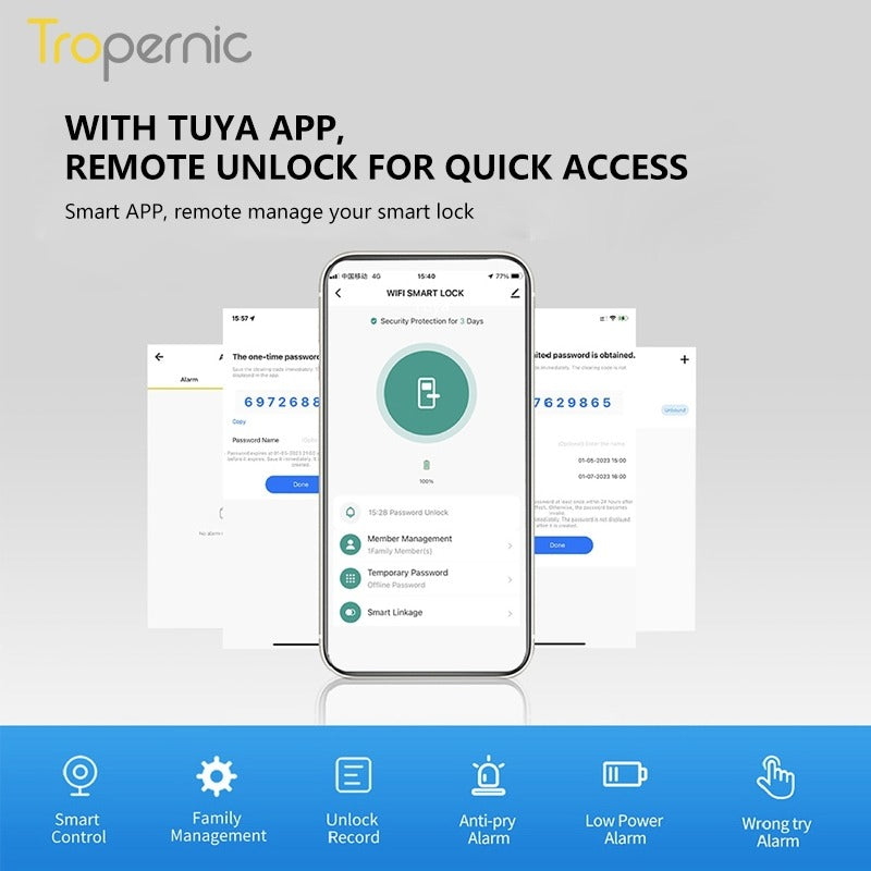Tropernic A233MY Tuya WiFi Smart Door Lock with Security Camera Two Way Intercom Tempered Glass 5 In 1 Fingerprint Password Digital Door Kock Knob with Doorbell for Wooden Door