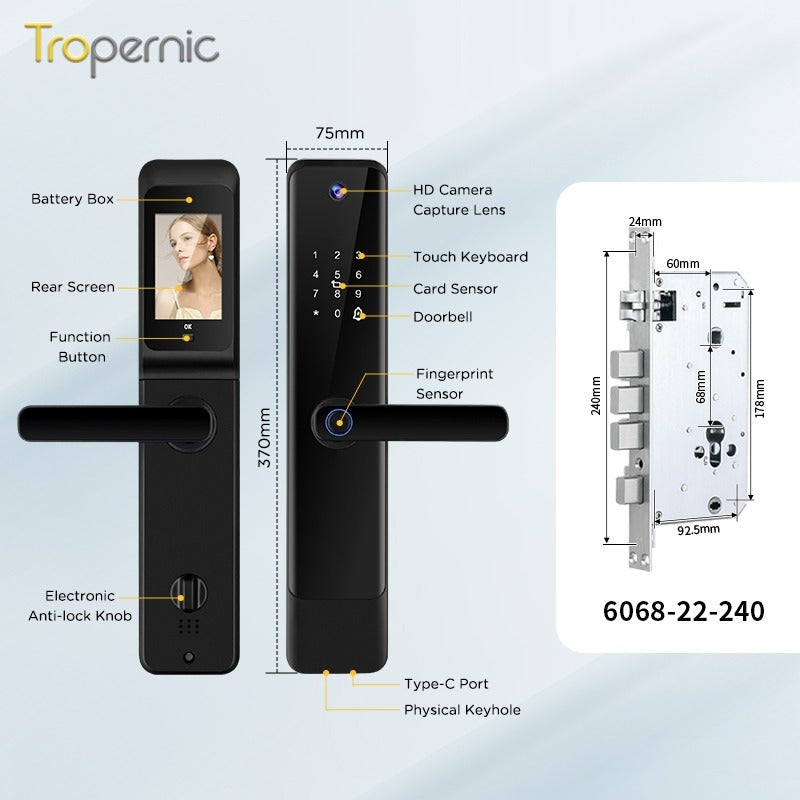 Tropernic YF1 Tuya WiFi Smart Door Lock With Security Camera HD Display Screen Fingerprint Digital Lock with Doorbell Function  Password Electronic Lock with Anti Theft Knob