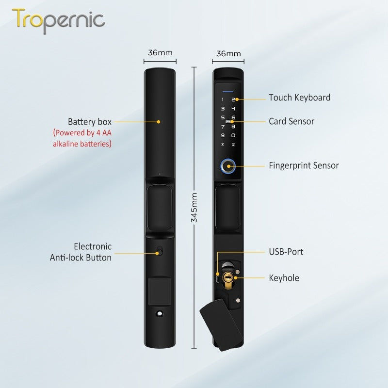 Tropernic F2 Tuya/TTLOCK Waterproof Smart Door Lock Anti Theft Zinc Alloy Sliding Door Lock with Short Handle Semi-Automatic Fingerprint Digital Lock For Aluminum Door