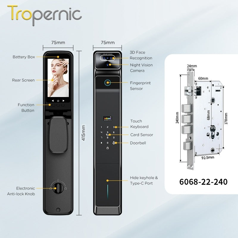 Tropernic V10 7 In 1 Tuya Smart Door Lock with Security Camera 3D Facial Recognition Fully Automatic Digital Lock Palmprint Unlock Intercom Security Door Lock