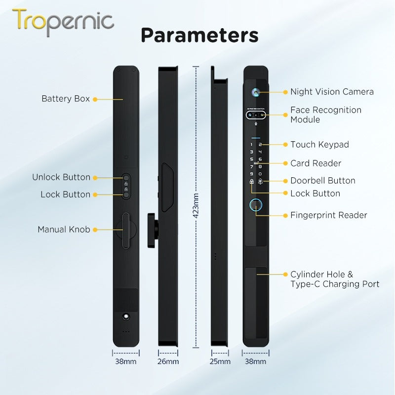 Tropernic Z1PRO Tuya Smart Door Lock with Camera 3D Face Unlock Fully Automatic Kunci Pintu Rumah Two Way Intercom Digital Sliding Door Lock for Aluminum Door