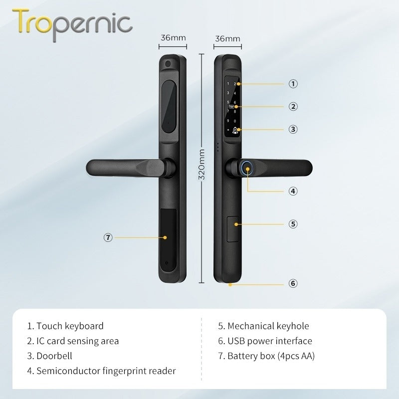 Tropernic A6 5 In 1 Tuya Smart Door Lock with Doorbell Function Waterproof Fingerprint Sliding Door Lock Zinc Alloy Electronic Lock Digital Password Lock For Aluminum Door