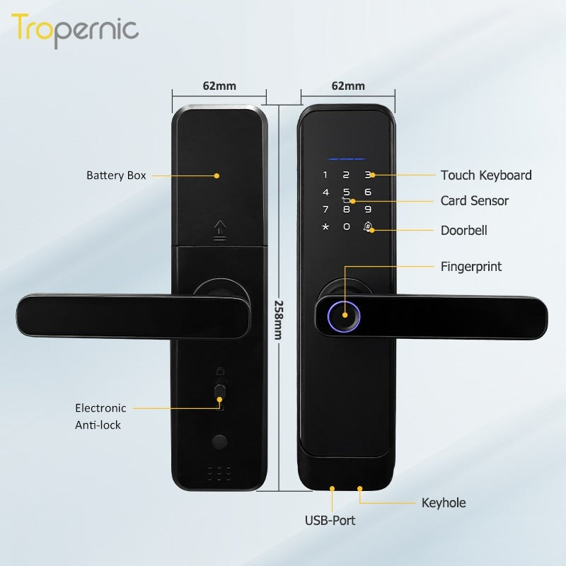 Tropernic H03 5 In 1 Tuya Smart Door Lock with Doorbell Password Digital Lock with Electronic Anti-Lock Fingreprint Kunci Pintu Rumah for Home