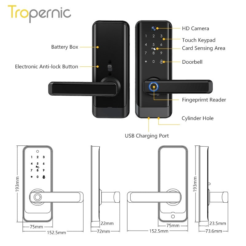 Tropernic A233MY Tuya WiFi Smart Door Lock with Security Camera Two Way Intercom Tempered Glass 5 In 1 Fingerprint Password Digital Door Kock Knob with Doorbell for Wooden Door