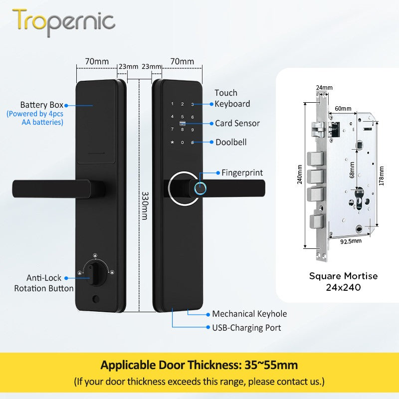 Tropernic Z13P Tuya Smart Door Lock with Doorbell Fingerprint Password Security Door Lock with Mechanical Anti-Lock 6068 Mortise