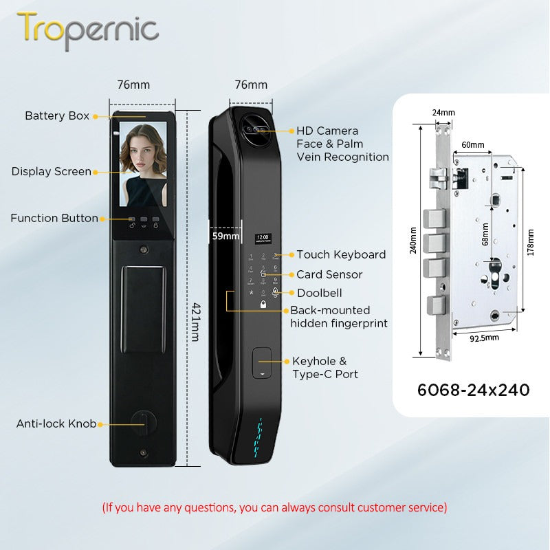 Tropernic Z37 7 In 1 Tuya Smart Door Lock with HD Camera Video Surveillance APP Remote Unlock Fully Automatic Security Door Digital Lock Face Palm Print Unlock Kunci Pintu Rumah