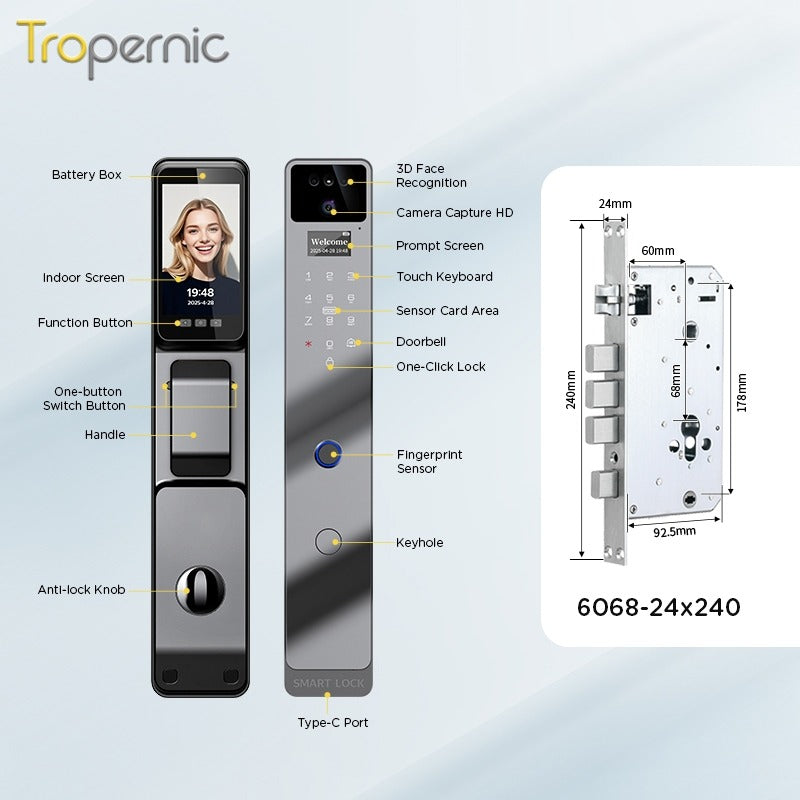 Tropernic F7 7 In 1 Tuya Fully Automatic Smart Door Lock with HD Camera Palm Unlock Video Surveillance 6068 Security Door Lock APP Remote Unlock Keyless Digital Lock Support Two Way Intercom