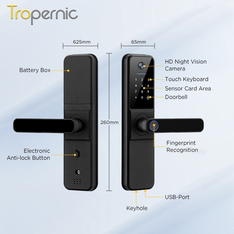 Tropernic H01PRO Tuya Smart Lock With Security Camera App Remote Unlock 5 In 1 Digital Lock With Doorbell For Home Fingerprint Password IC Card Key Unlock